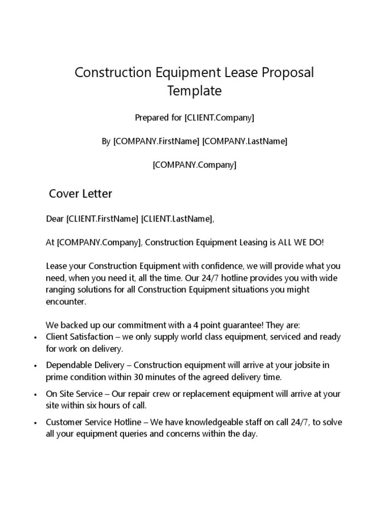 Construction Equipment Lease Proposal Template Cover Letter