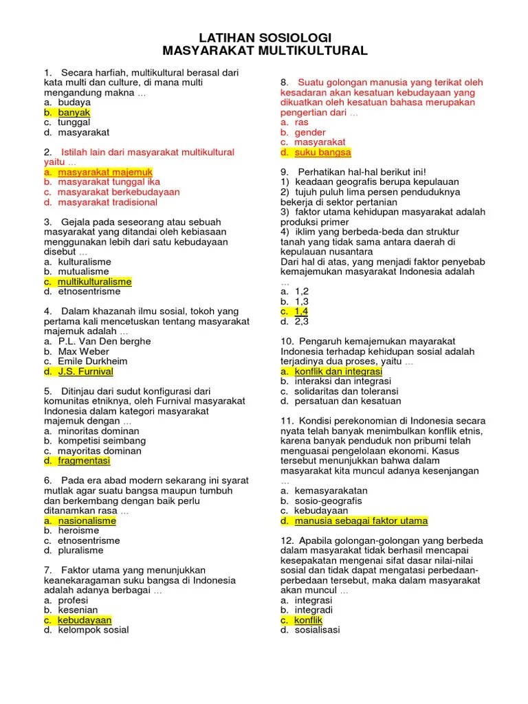 Latihan Sosiologi Masyarakat Multikultural | PDF