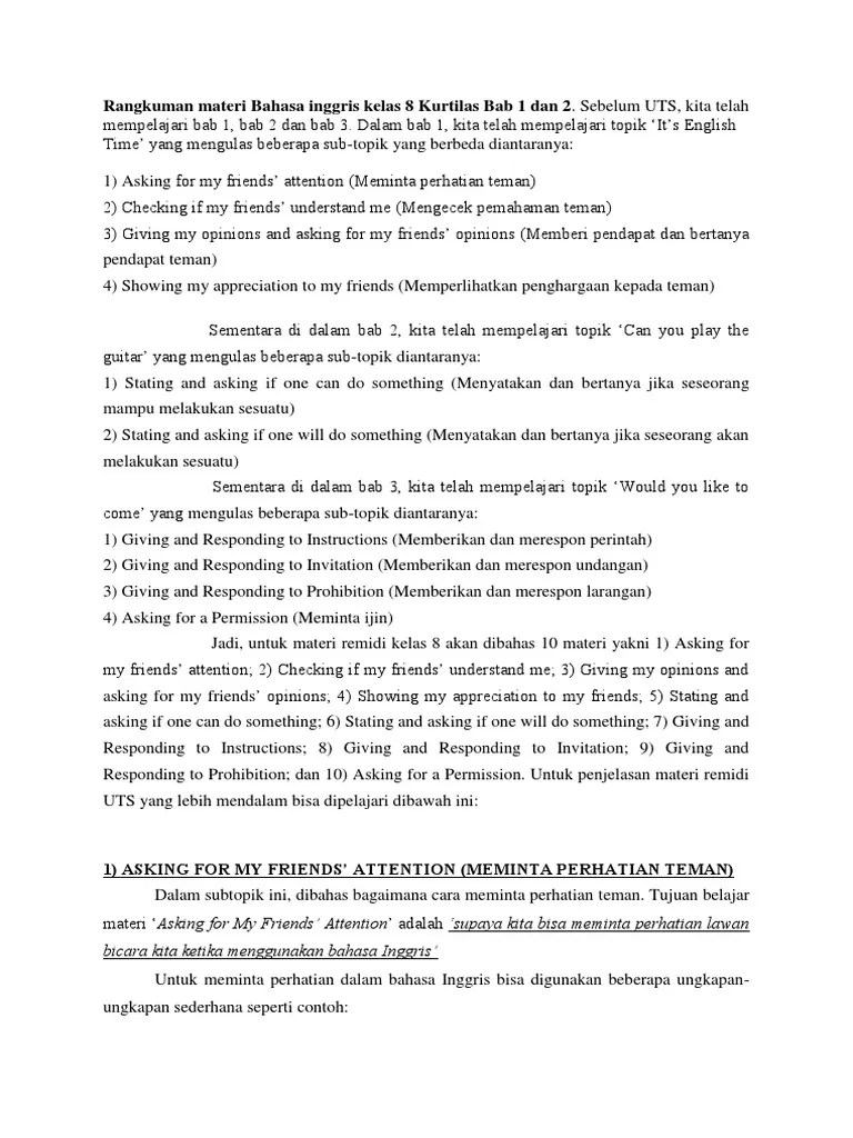 Rangkuman Materi Bahasa Inggris Kelas 8 Kurtilas Bab 1 Dan 2 | PDF