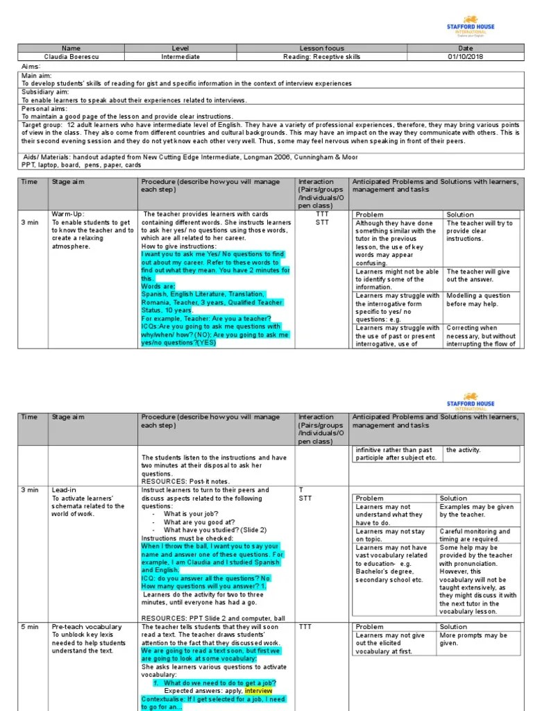 Lesson plan CELTA reading session Question Tutor