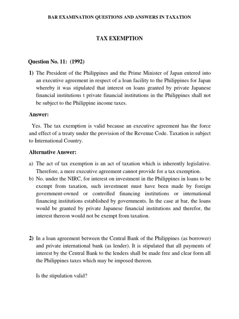 Bar Examination Questions and Answers in Taxation PDF