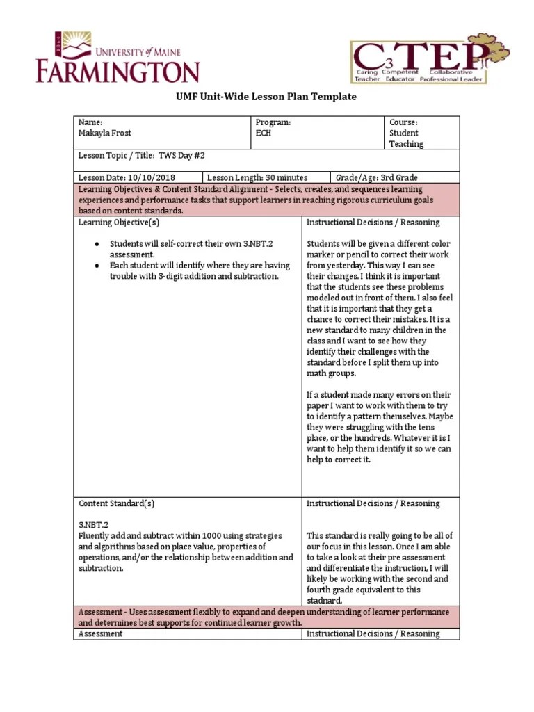 UMF UnitWide Lesson Plan Template PDF Lesson Plan Education Theory