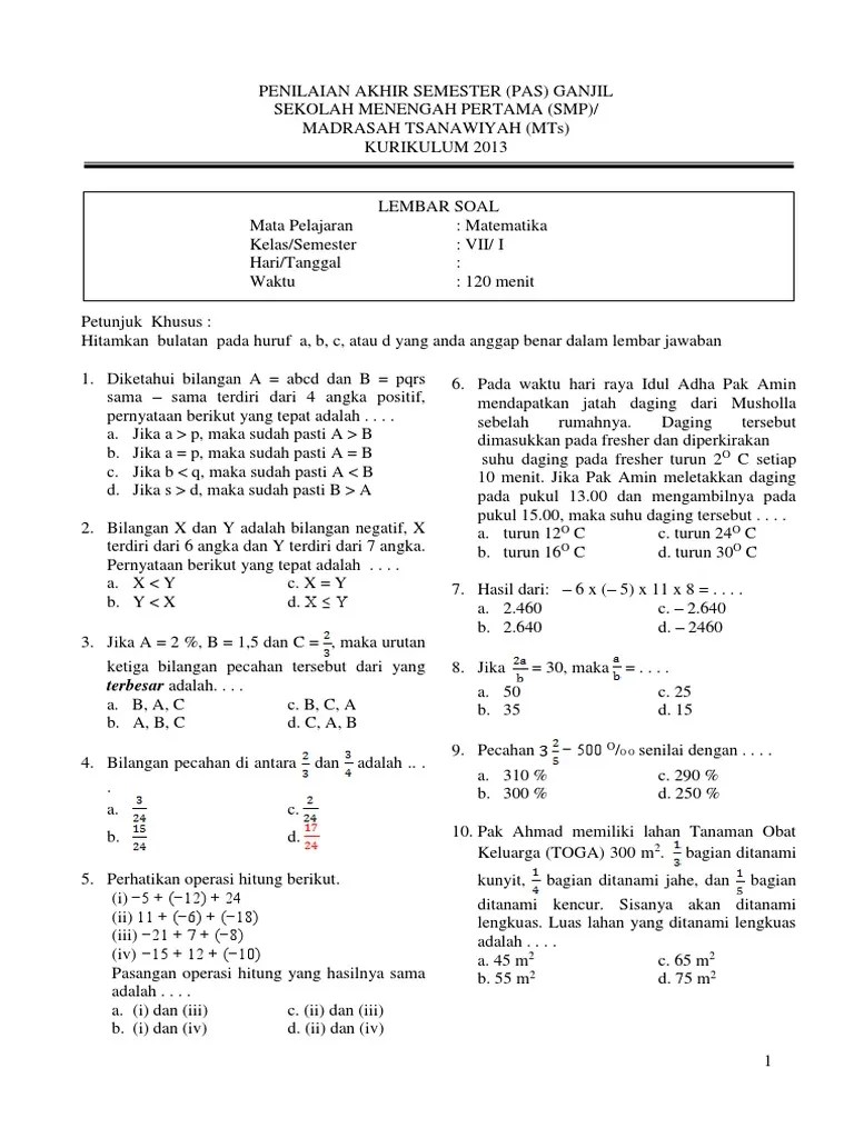 Soal Penilaian Akhir Semester (PAS) Matematika SMP/ MTs
