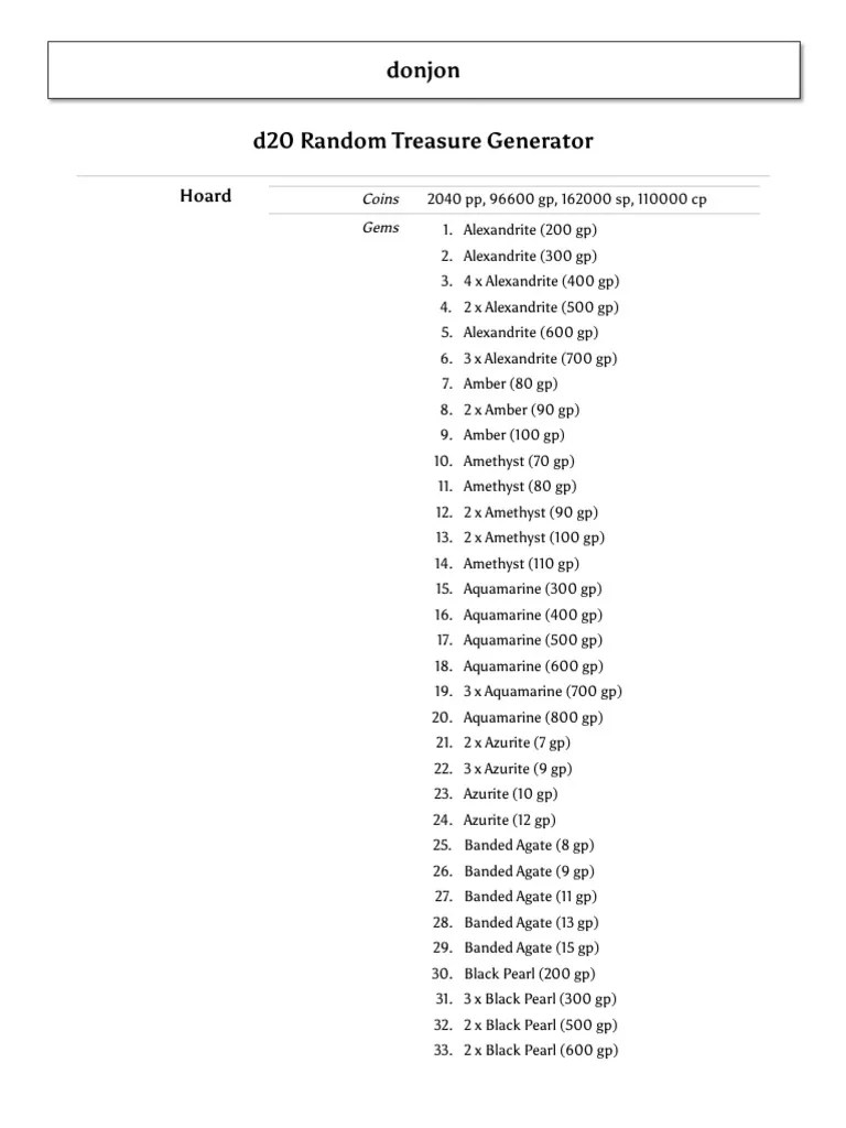 Donjon; d20 Random Treasure Generator Quartz Jewellery Components