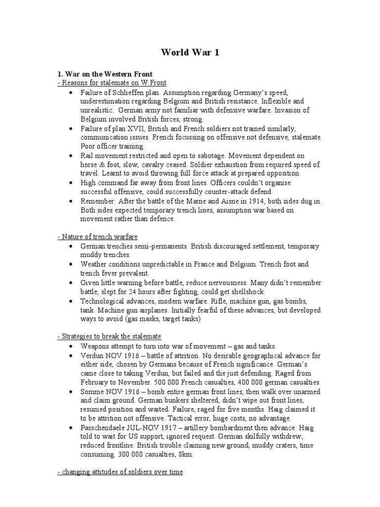 HSC Modern History WW1 Syllabus notes Trench Warfare Allies Of