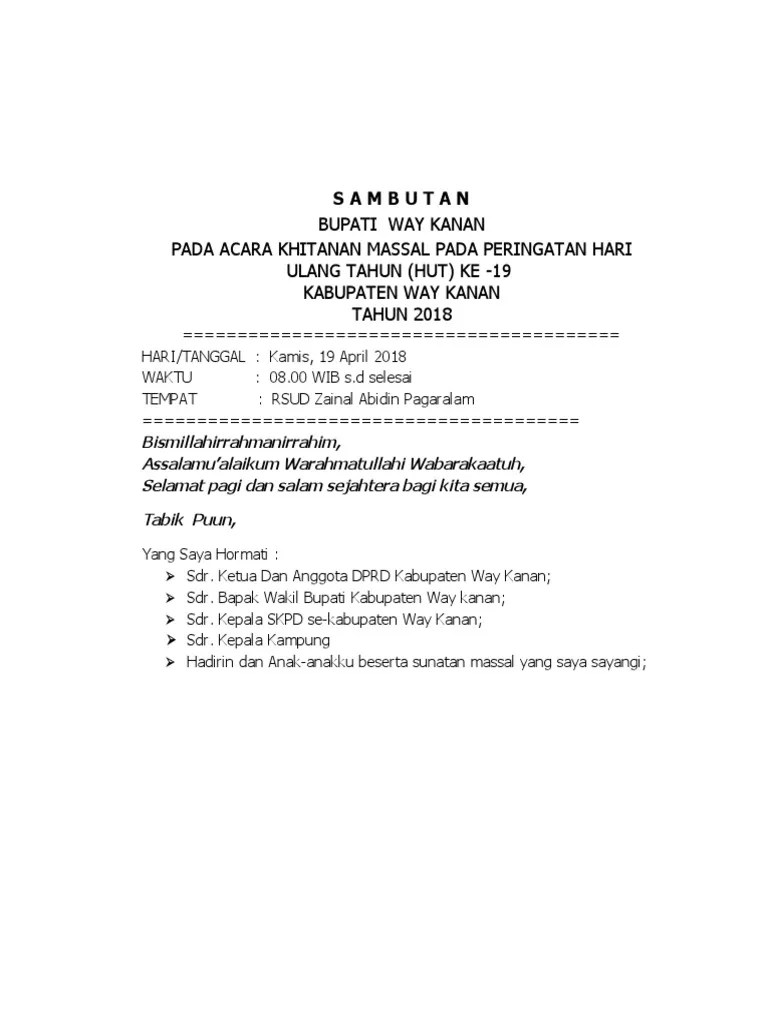 Sambutan Acara Sunatan Masal Rsud Zapa | PDF