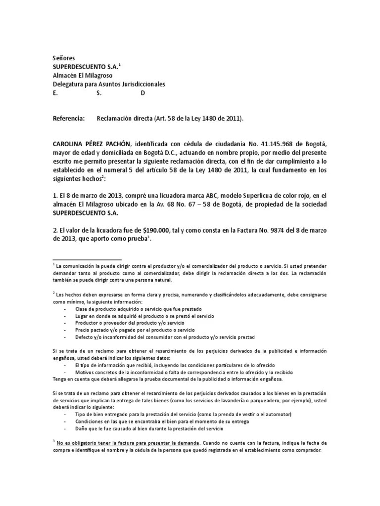 Modelo de Reclamacion Directa Factura Los consumidores