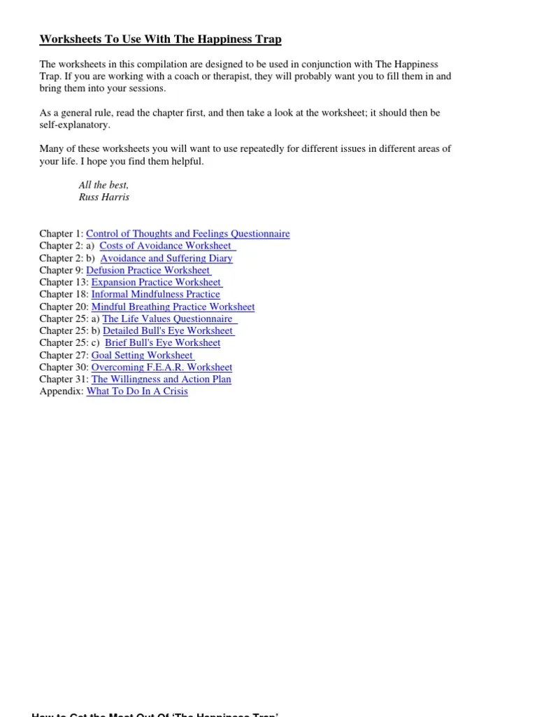 The Complete Happiness Trap Worksheets Feeling Mindfulness