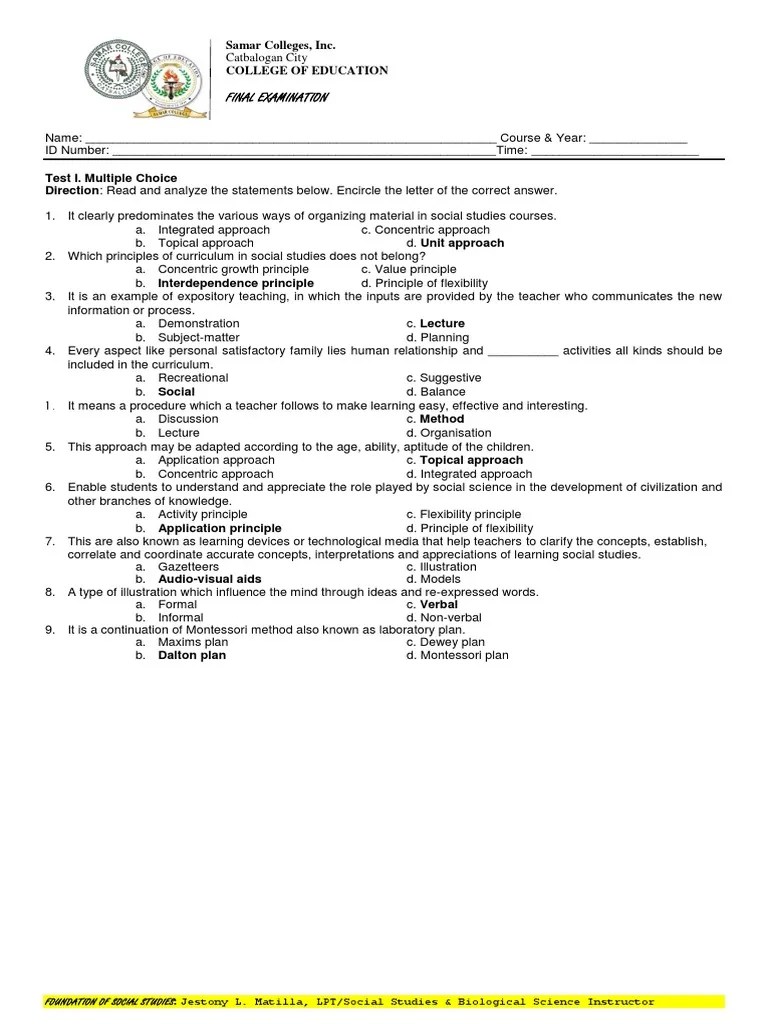 final Exam in FOUNDATION OF SOCIAL STUDIES.docx Test (Assessment