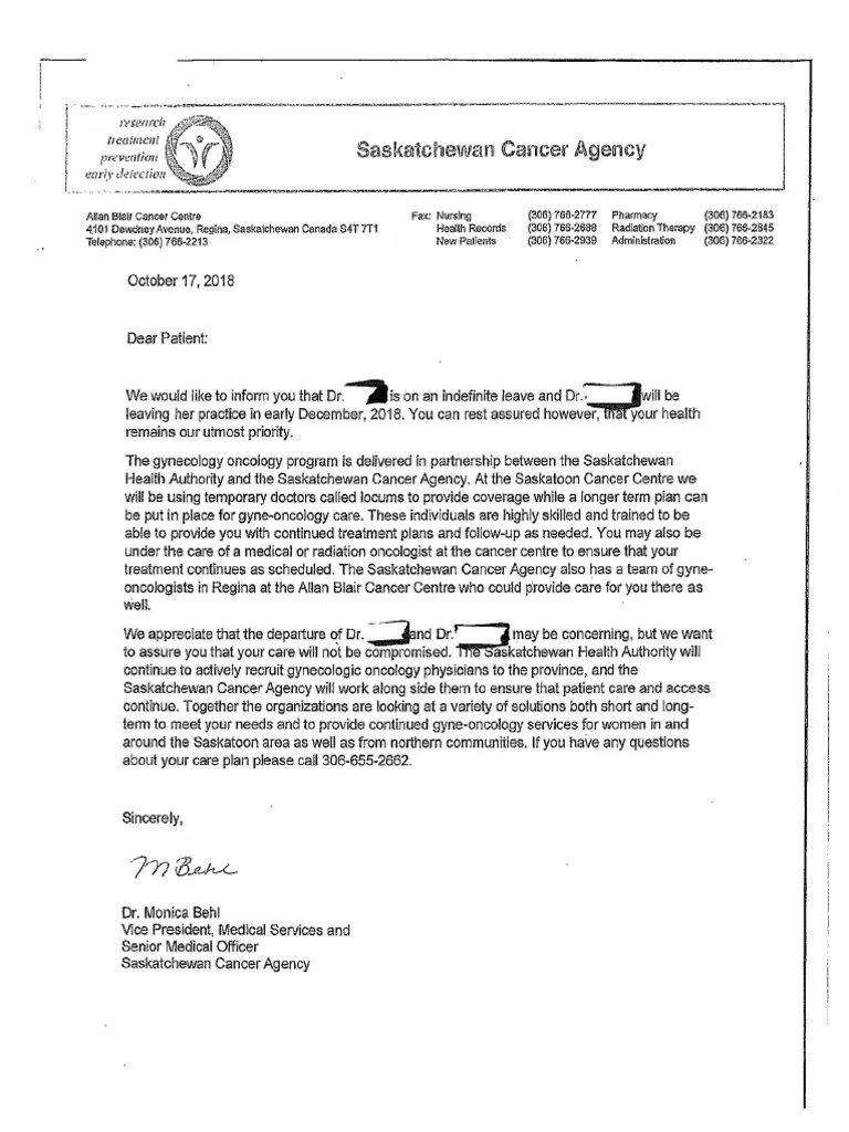 Saskatchewan Cancer Agency patient letter
