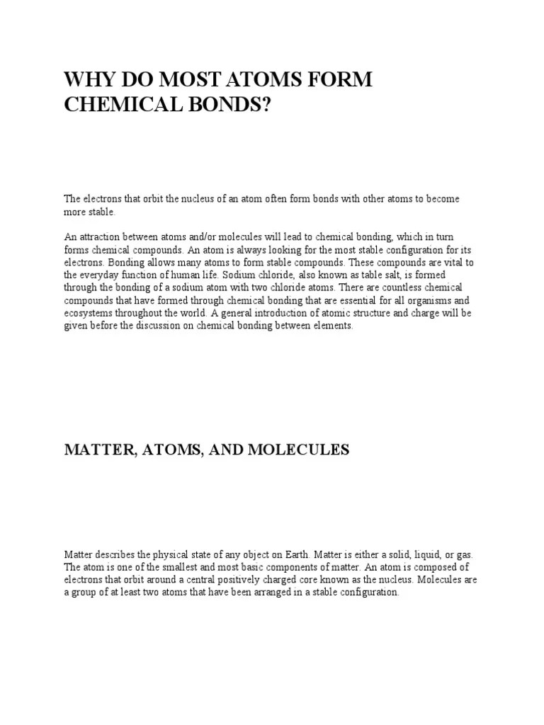 Why Do Most Atoms Form Chemical Bonds PDF Atoms Interaction