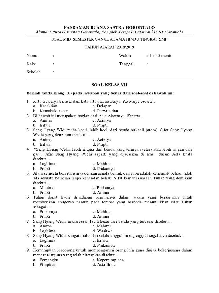 Soal Ujian Sekolah Sd Kelas 6 Agama Hindu - Revisi Id