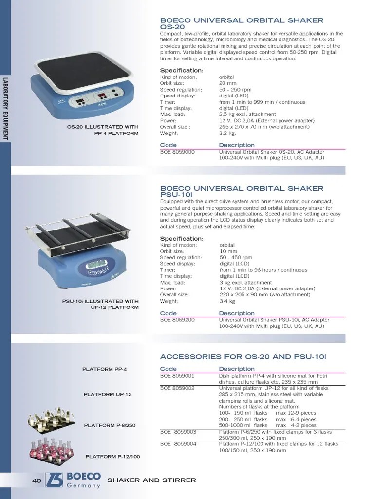Boeco Universal Orbital Shaker OS20 Specification PDF Timer Speed