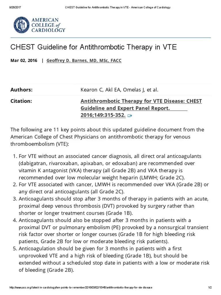 CHEST Guideline For Antithrombotic Therapy in VTE American College of