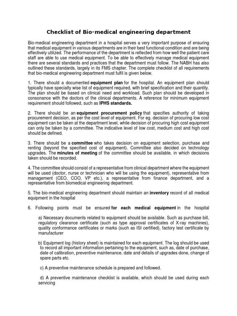 Checklist For Biomed PDF Biomedical Engineering Medical Device