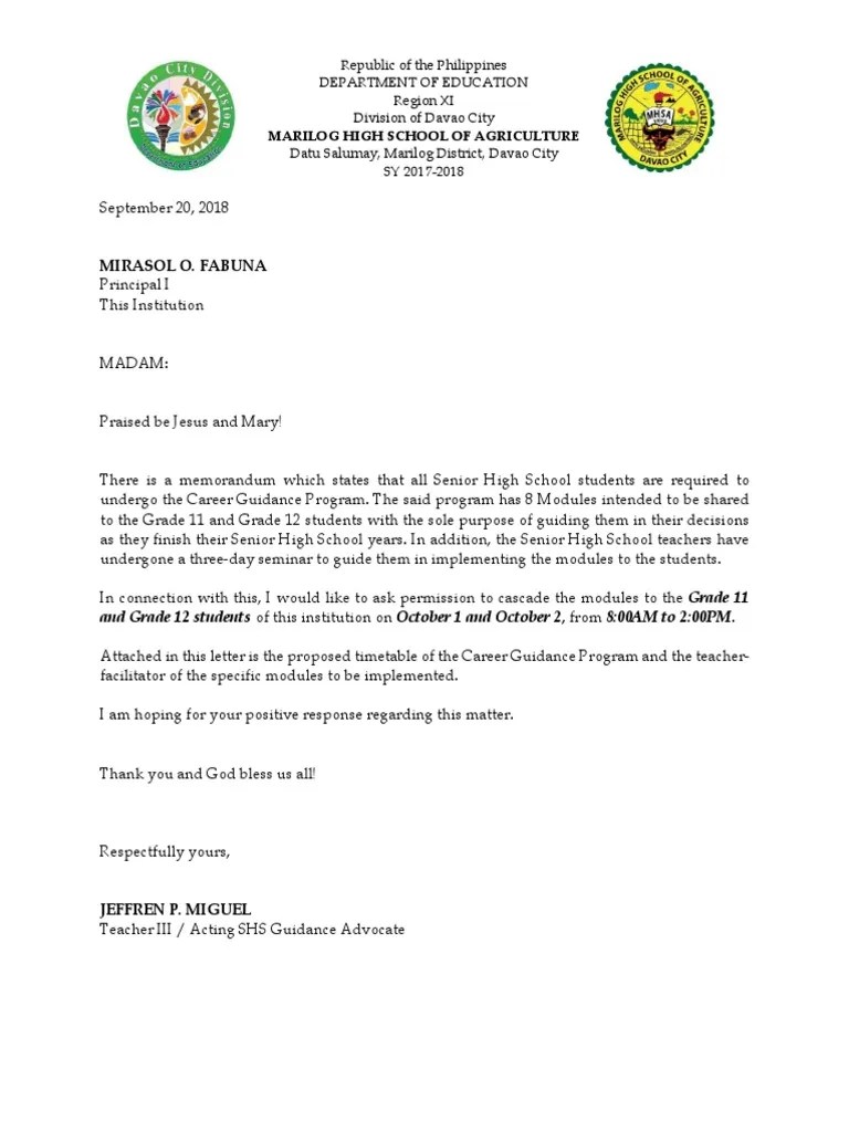 Sample Letter of Permission / Activity Proposal for Career Guidance