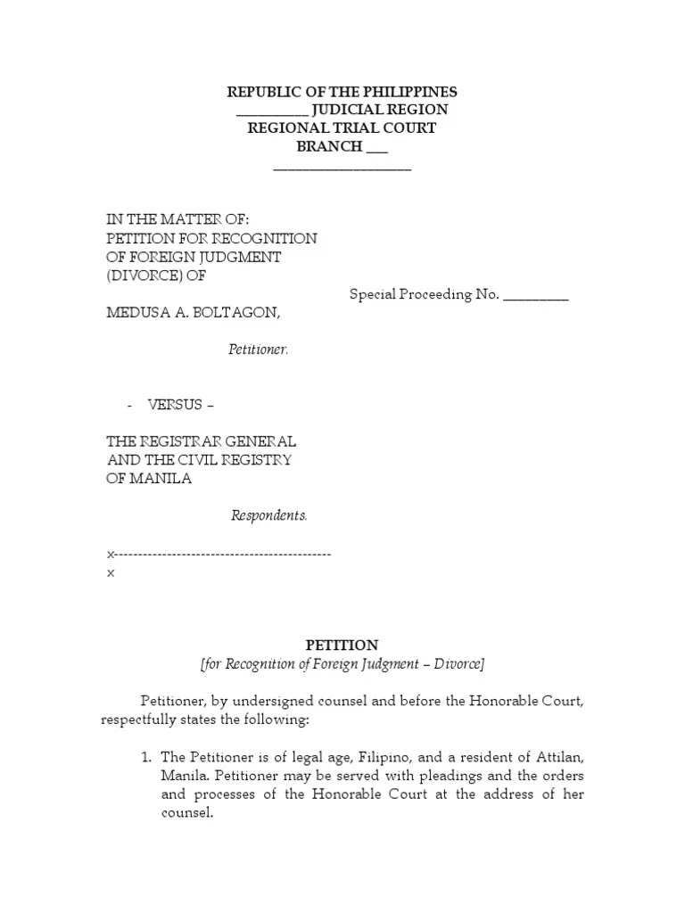 Petition for Recognition of Foreign Judgment Sample Divorce Marriage