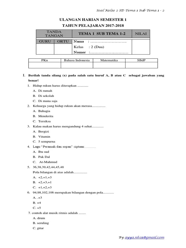Soal Tema 1 Sub Tema 1-2 Kelas 2 SD | PDF