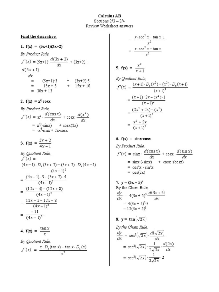 Calculus 23 24 Review Worksheet Answers Mathematical Concepts