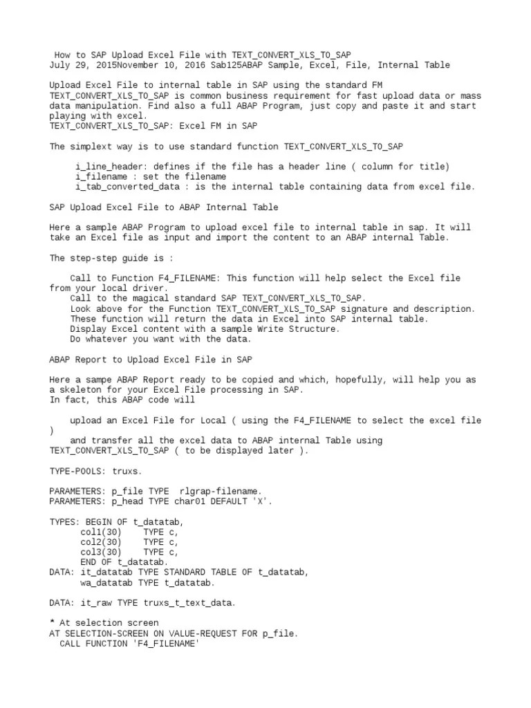 How to SAP Upload Excel File with TEXT_CONVERT_XLS_TO_SAP.txt