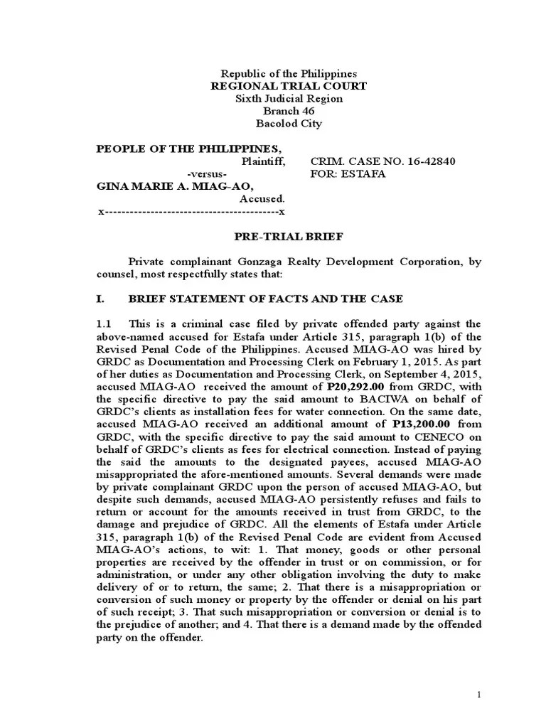 SAMPLE PRETRIAL BRIEF CRIMINAL CASE FOR ESTAFA Fraud Public Sphere