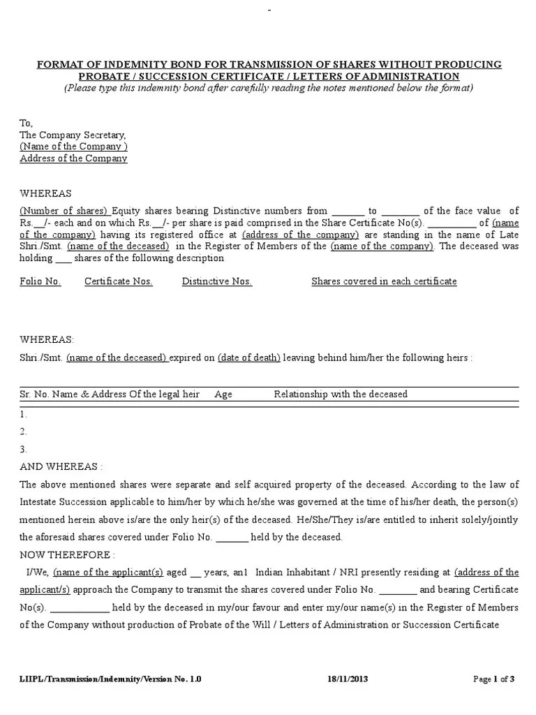 Transmission Indemnity Bond PDF Probate Common Law