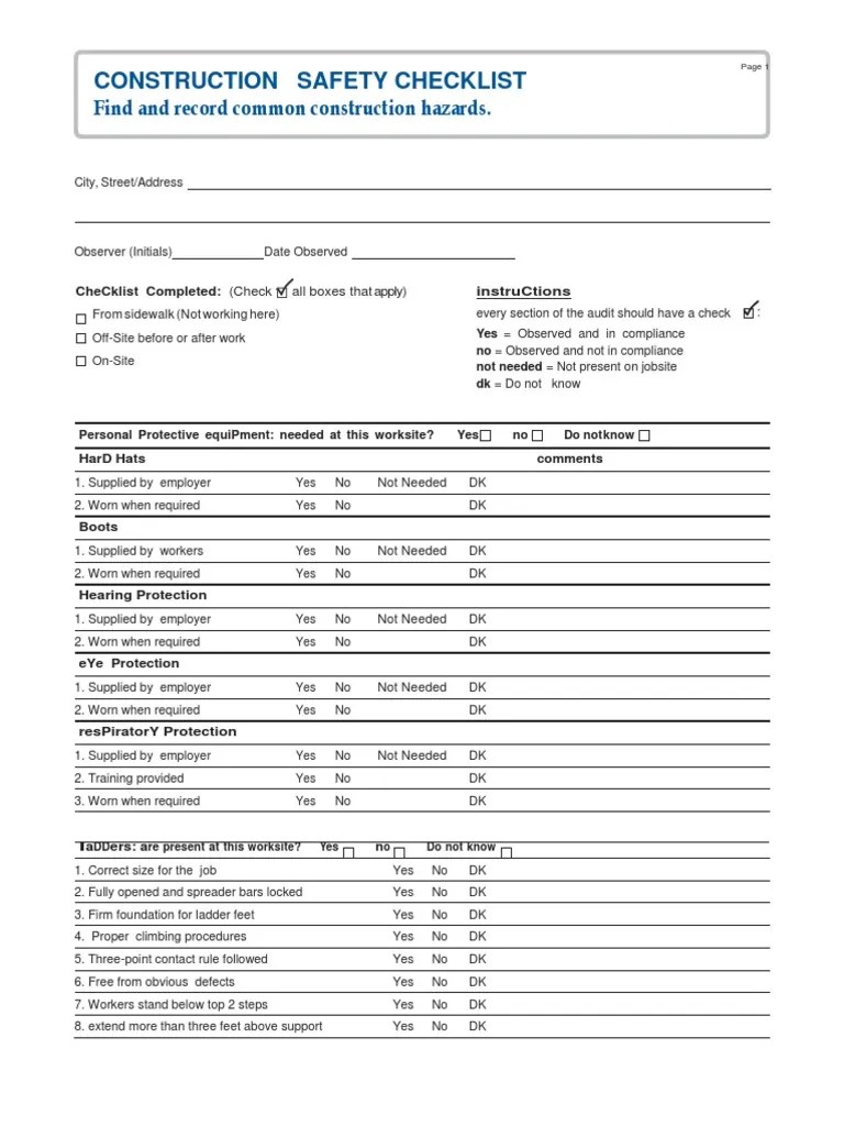 ConstructionSafetyChecklist English PDF Personal Protective