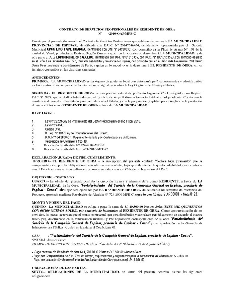 Contrato de Servicios Profesionales de Residente de Obra