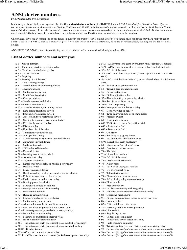 ANSI Device Numbers PDF Relay Switch