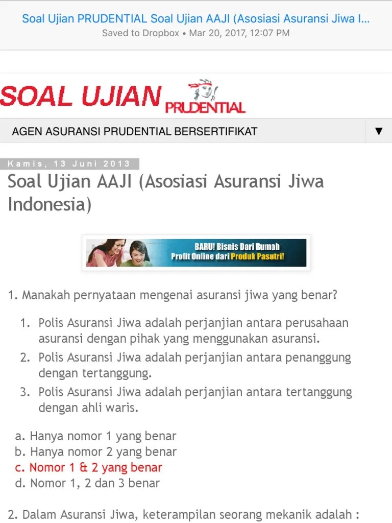 Soal Ujian PRUDENTIAL Soal Ujian AAJI (Asosiasi Asuransi Jiwa Indonesia) |  PDF