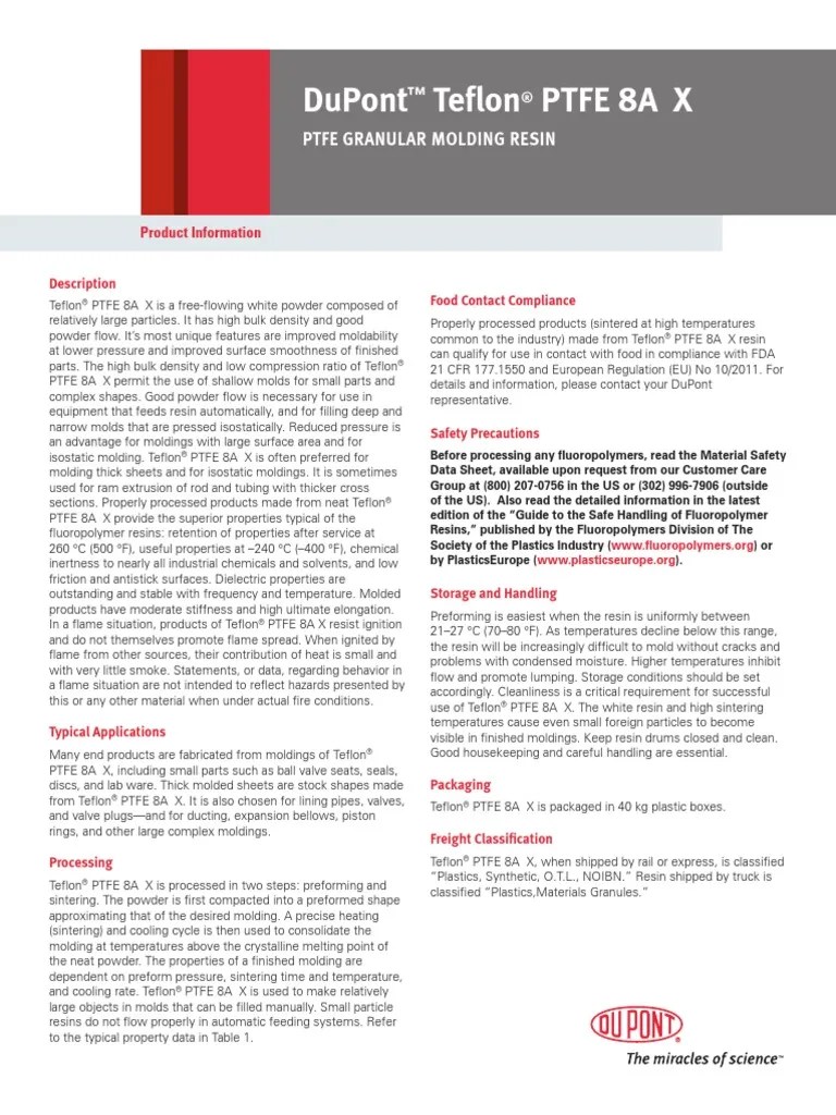 DuPont Teflon PTFE8AX Product Information PDF Sintering Materials