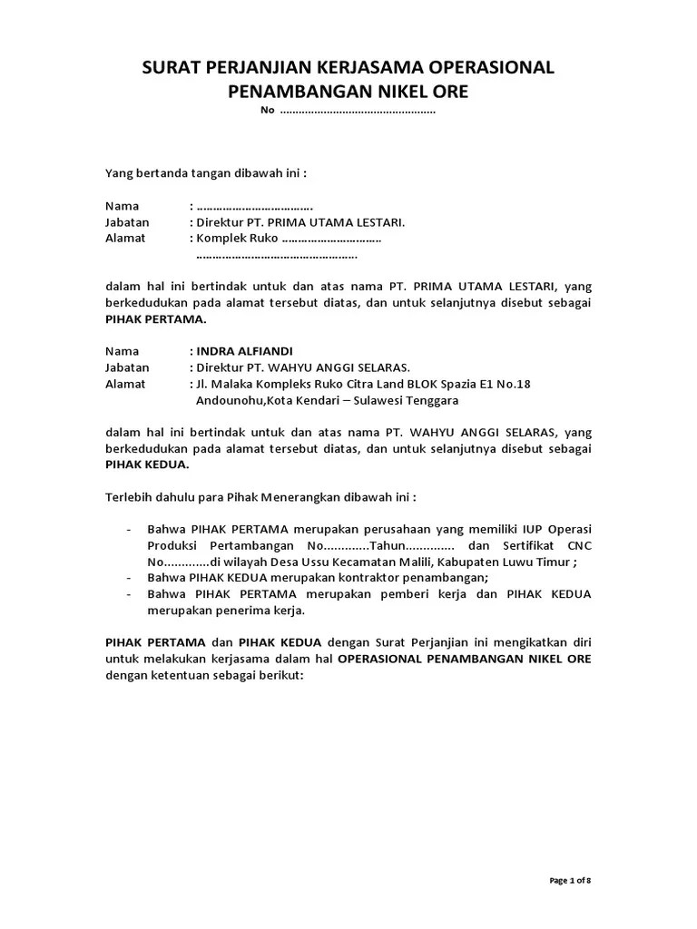 Surat Perjanjian Kerjasama Nikel Ore - Pt. Prima Utama Lestari. - Rev2 | PDF
