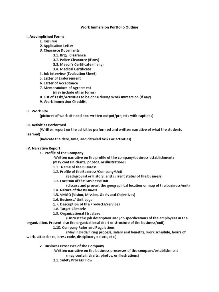 Work Immersion Portfolio Outline I. Forms PDF Business