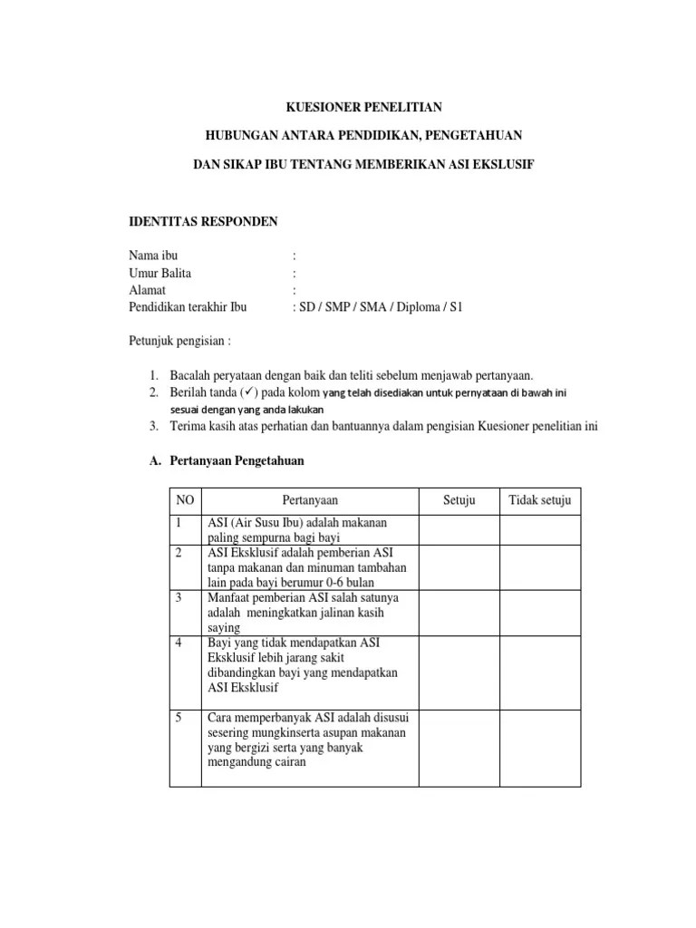 Kuesioner hubungan pengetahuan, sikap tentang pemberian