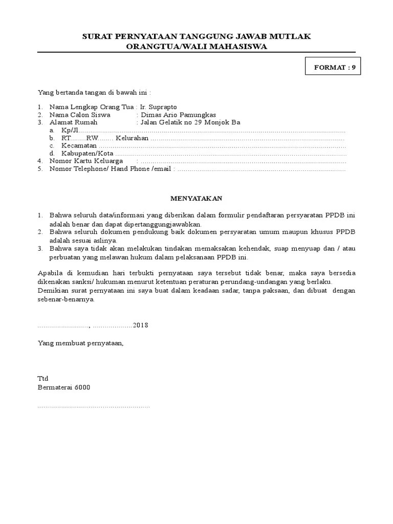 Contoh Surat Pernyataan Orang Tua Ppdb 2021 Terlengkap