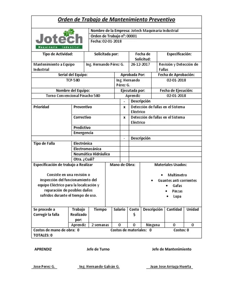 Orden de Trabajo de Mantenimiento Preventivo Tecnología