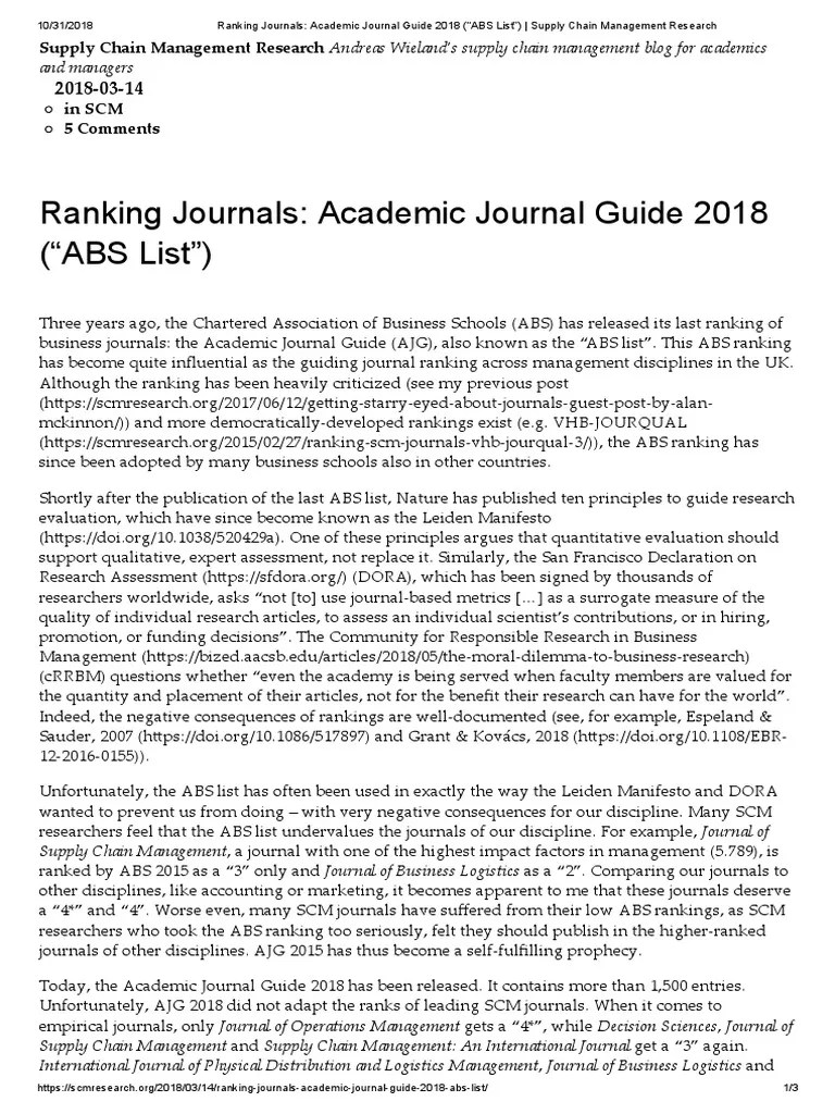 Ranking Journals_ Academic Journal Guide 2018 (“ABS List”) _ Supply