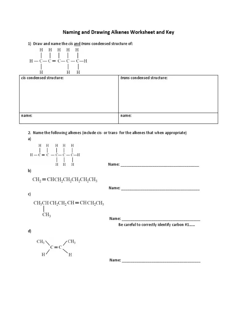 Naming and Drawing Alkenes Worksheet and Key | Alkene | Carbon
