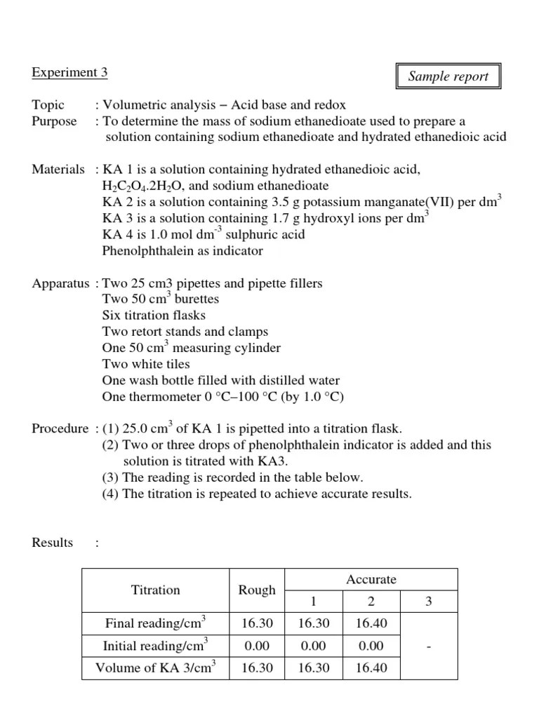 A volumetric analysis lab report. Experiment 9 volumetric analysis