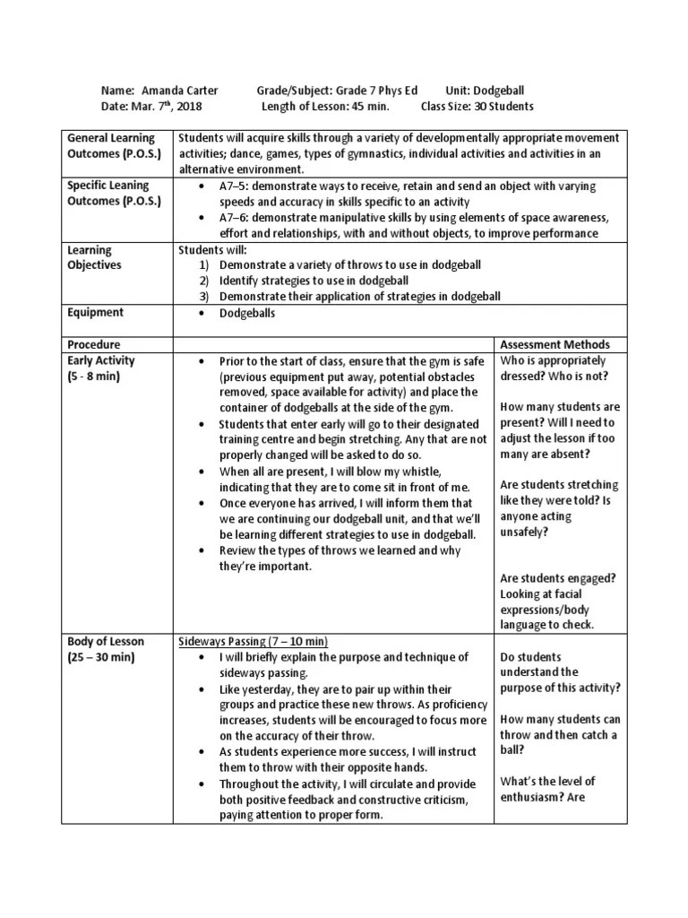 dodgeball lesson plan 2 Lesson Plan Education Theory