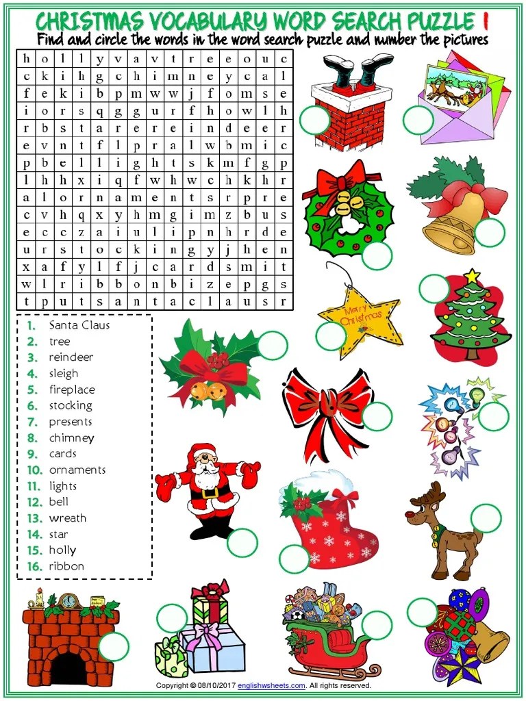 Christmas Vocabulary Esl Word Search Puzzle Worksheets for