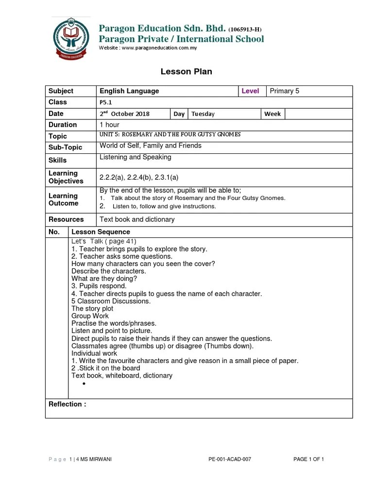lesson plan primary 5 Lesson Plan English Language