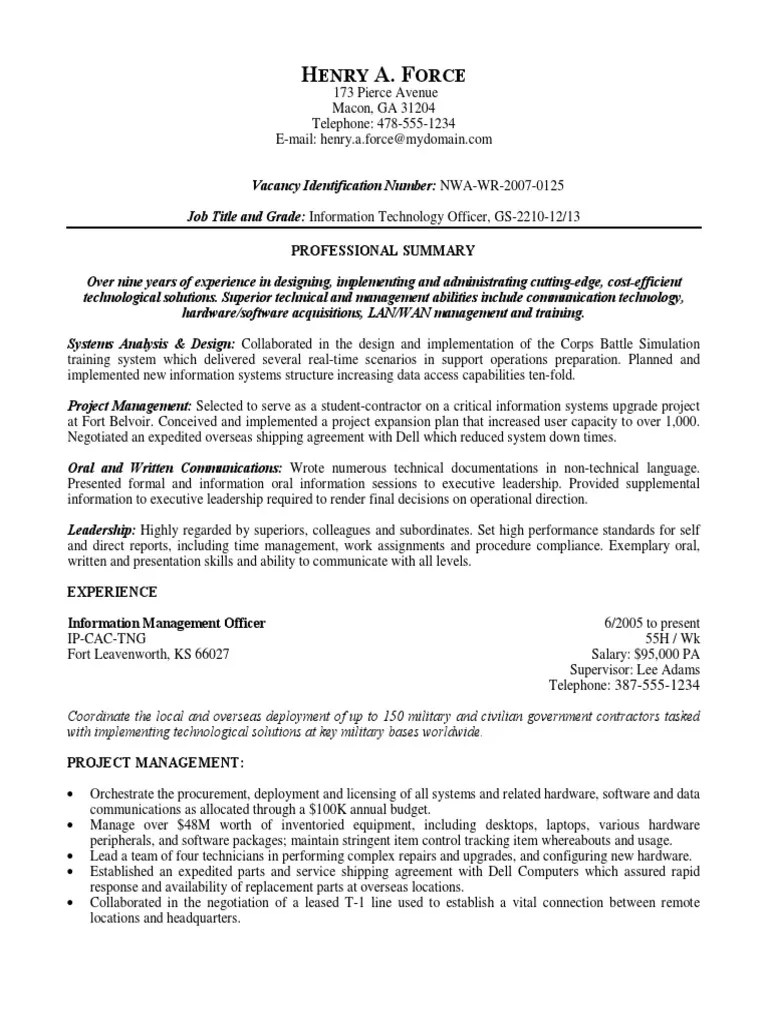 Federal Resume Sample GS 2210 12 IT Personal Computers Computer Network