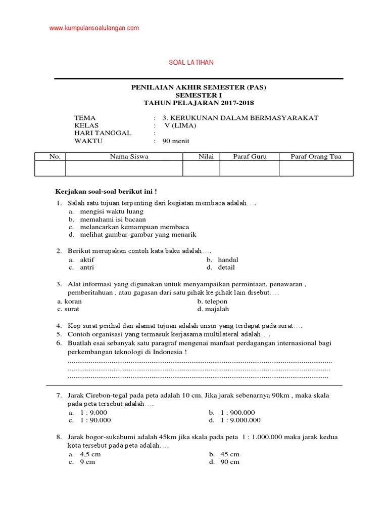 Soal UAS Bahasa Indonesia Kelas 5 SD Semester 1 (Ganjil) Dan Kunci Jawaban