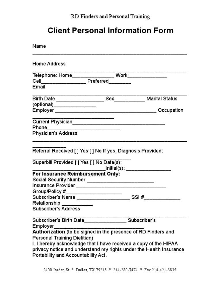 Client Personal Information Form Health Insurance Portability And
