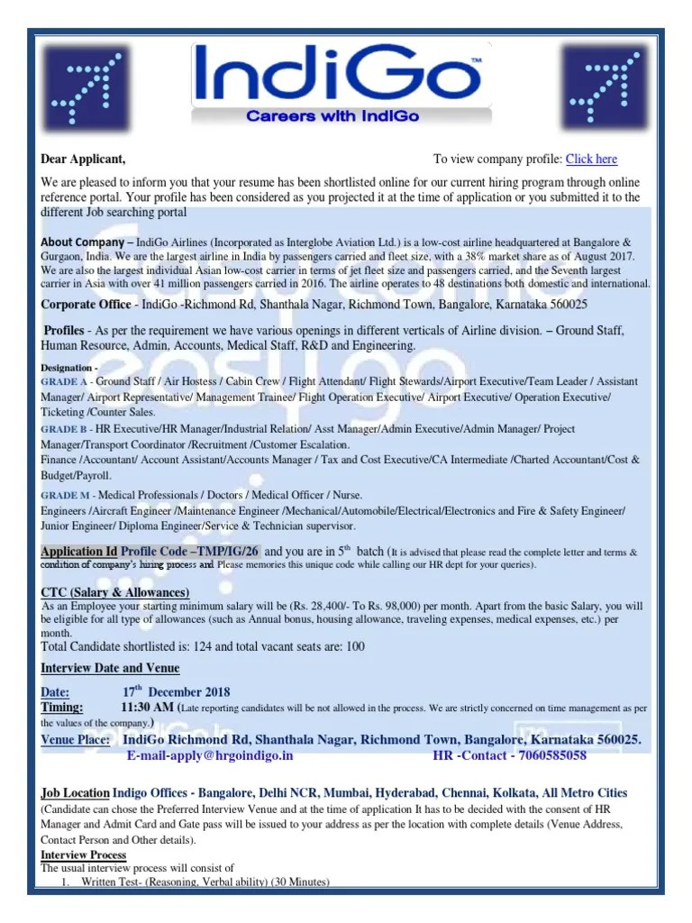 Indigo Interview Details PDF PDF Flight Attendant Airlines