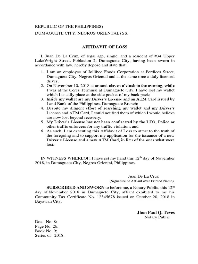 Affidavit of Loss (Signature of Affiant Over Printed Name) PDF