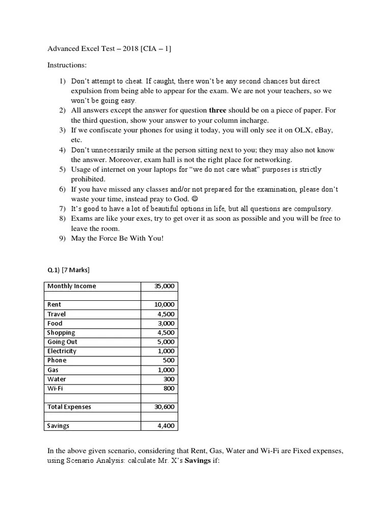 Excel Question Paper Test (Assessment) Microsoft Excel
