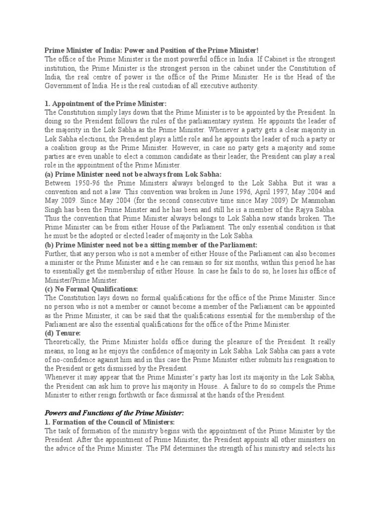 powers and functions of Prime Minister of India Prime Minister