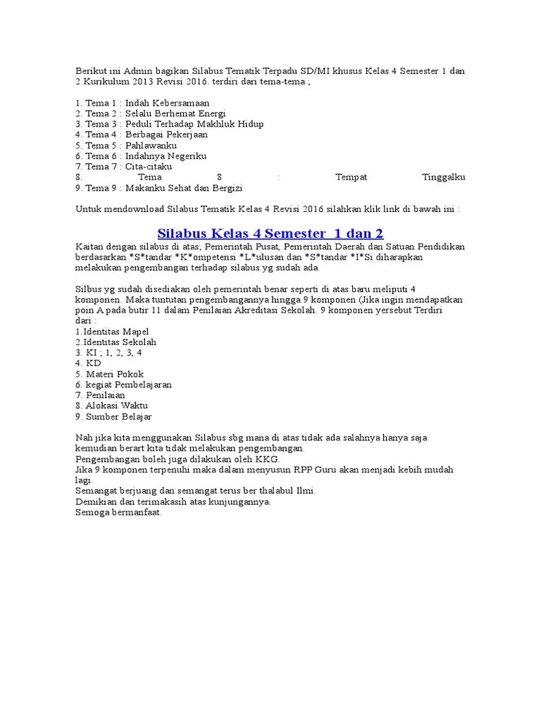Silabus Tematik Terpadu 4 SD Kurikulum 2013 PDF